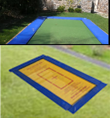 Above is a ground-level Backyard Pro® trampoline with blue wide pads and a green, high-performance outdoor rated competition string fly bad. A stone wall is in the far background with some plantings along the wall. Below is another ground-level Backyard Pro® trampoline with blue wide safety pads and a yellow high visibility, high performance, competition string fly bed. This trampoline has red center markings.