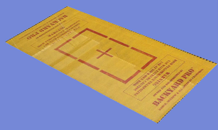 Our high visibility yellow high performance competition string fly bed is completely unfolded for a full view but is shown alone and unmounted on the frame. Clearly visible are the red center markings consisting of a center cross surrounded by a large rectangle with the 